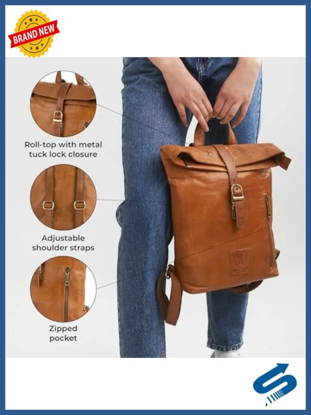 Genuine Leather Backpack Roll-Top Closure YKK Zipper Vegetable-Tanned Daypack